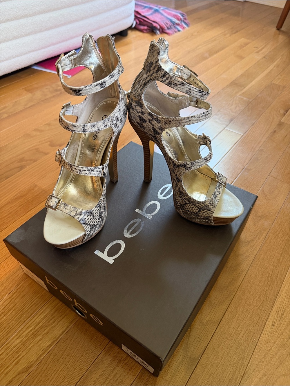 bebe Delaney Snake Natural Strappy High Heel Sandals in Neutral Taupe